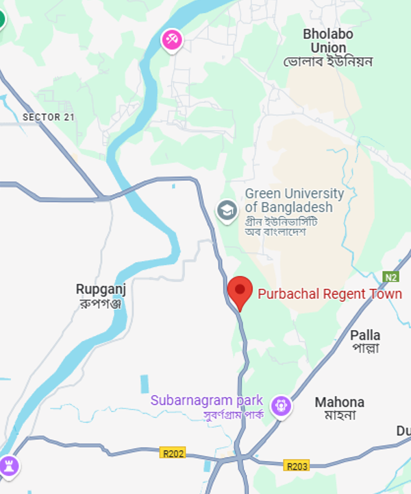 Map showing Purbachal Regent Town location relative to Dhaka